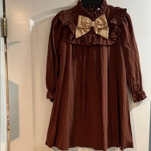 Girls Brown Ruffled Dress with Bow